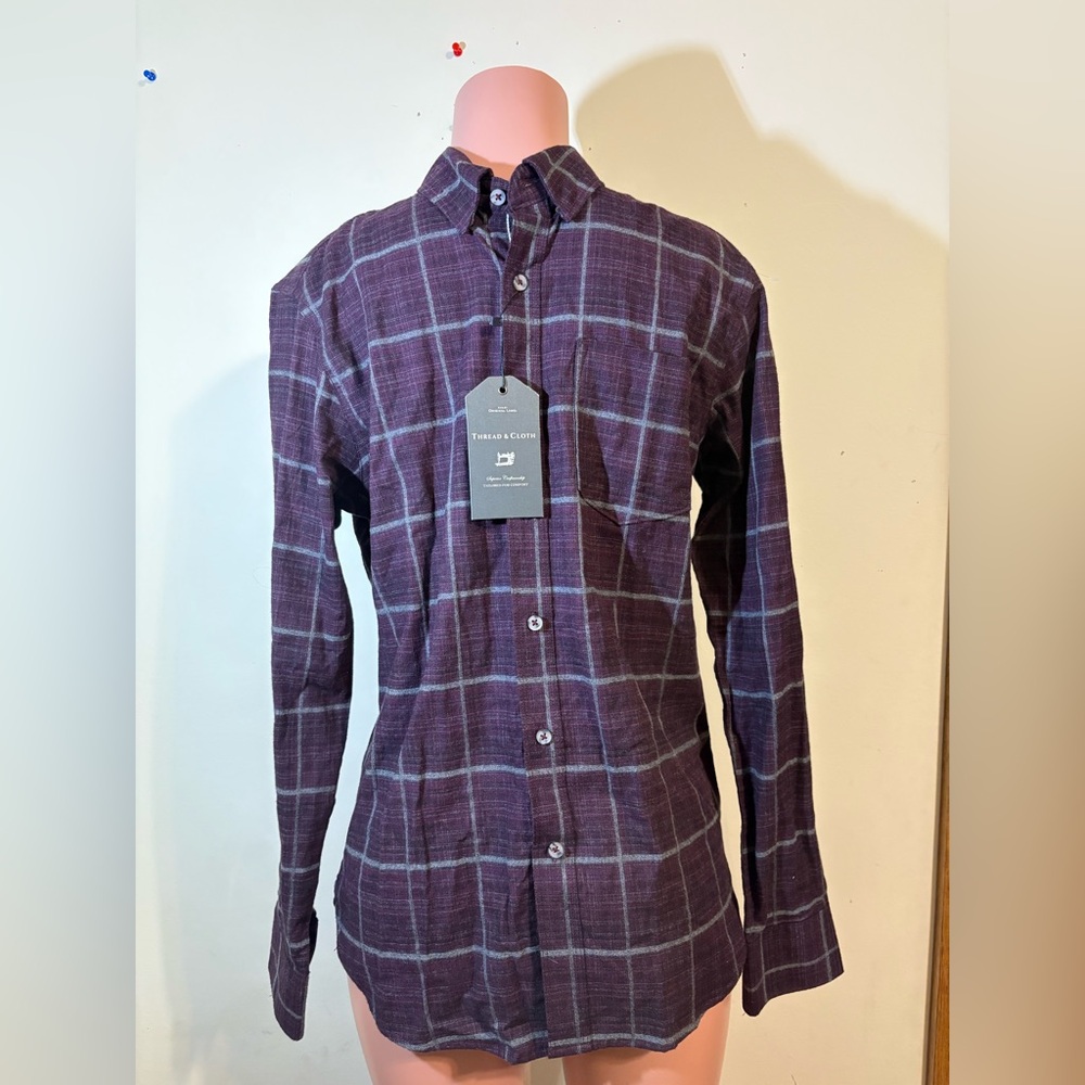 Thread & Cloth‎ shirt Men Small Cotton Woven Button collar Purple Gray NWT